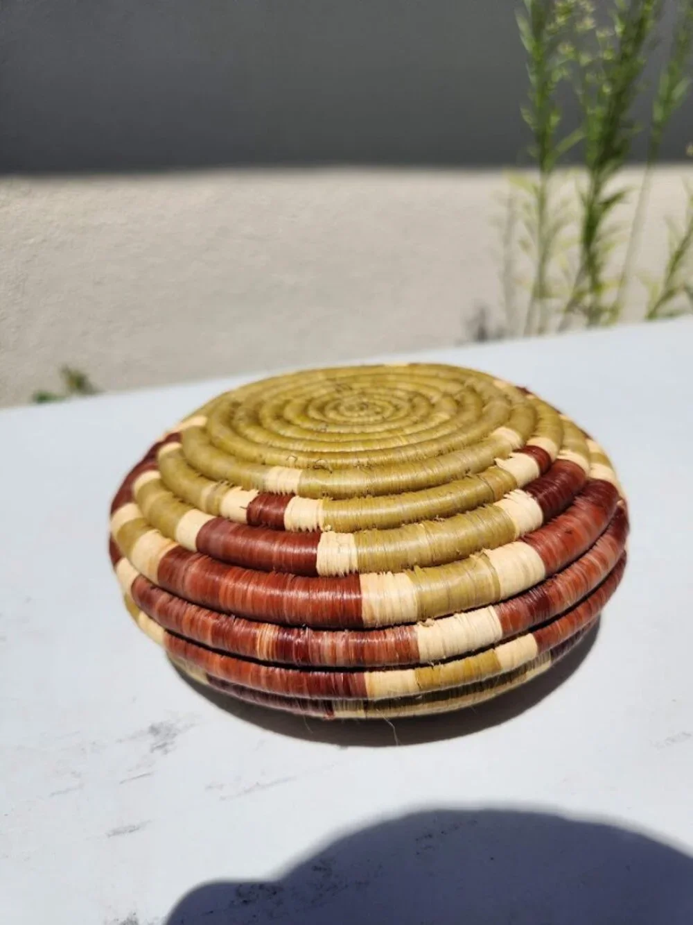 Vintage handwoven coiled basket woven with Geometric Pattern Africa Bohemian Afr